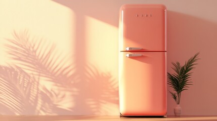 Nostalgic 1960s Vintage Refrigerator on Pale Coral Background with Retro Decor and Soft Lighting