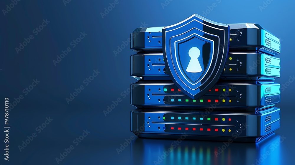 Poster a secure server stack with a shield emblem representing digital protection and cybersecurity for dat