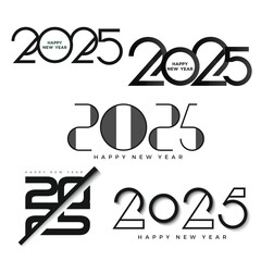 Minimalistic 2025 Happy New Year text designs in black and white. Vector