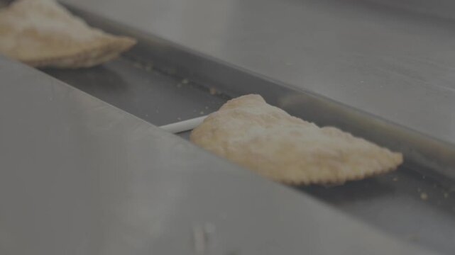 finished chebureki are packed on a conveyor line, V-log