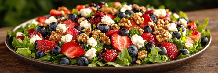 A fresh salad featuring mixed greens, strawberries, blueberries, walnuts, and feta cheese . AI generative