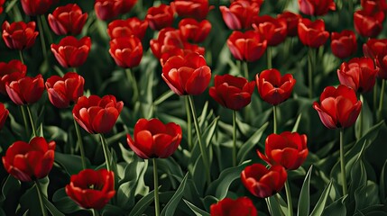 Bright red tulips in a sea of green, with delicate petals creating a stunning floral background