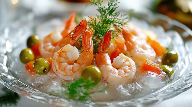 Chilled glass plate with shrimp, olives, and vegetables on a bed of ice, creating a fresh and appetizing seafood dish