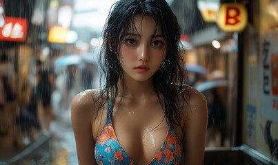 Asian Korean, Chinese glamor background, beautiful Japanese girl wearing a fluorescent neon blue floral dress, long flowing wet black hair, crowded street, apartment overlooking the rainy city