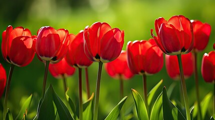Obraz premium Closeup of red tulips against a green background, their petals vibrant and full, evoking a sense of spring