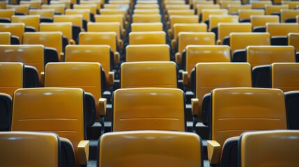 Fototapeta premium Perspective Symmetry Vibrant Yellow Stadium Seats with Deep Blue Backs, Illuminated by Subtle Top Light, Evoking Anticipation and Excitement
