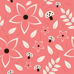 Beautiful pink leaf, flowers and mushroom design pattern