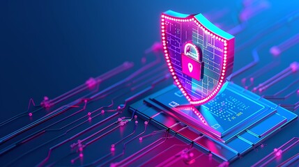 Abstract concept of digital security, featuring a glowing shield on a microchip, symbolizing cyber protection and data safety.