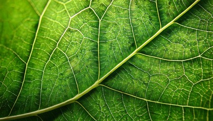 Obraz premium Macro photograph of a green leaf showcasing intricate vein patterns and textures, highlighting the natural beauty and complexity of plant life.