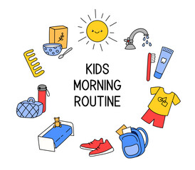 Kids morning routine vector illustration. Clipart, objects, daily tasks for kids before school. Preparation to week day. Funny clip art