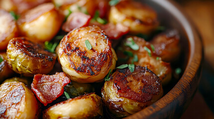 Caramelised Brussels sprouts with fried bacon and fried potatoes. AI generative.