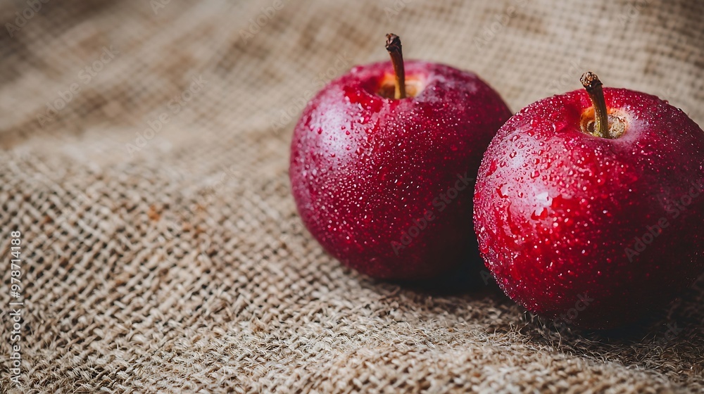 Poster two plums on burlap background : generative ai