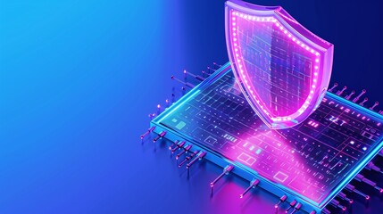Abstract representation of cybersecurity with a glowing shield over a circuit board, embodying digital protection and innovation.