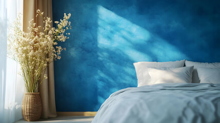 Blue Wall Bedroom Interior Design with White Bedding and Flowers in Vase - 3D Illustration