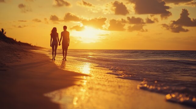 A couple enjoys a beach vacation. They walk along the shore hand-in-hand, laughing and enjoying the sunset.