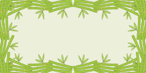 Green bamboo frame, horizontal banner with bamboo sticks and leaf shoots, hand drawn bamboo doodles on light green background. Vector illustration