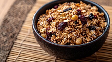 Obraz premium Dry Muesli in a Ceramic Dish on a Bamboo Mat : Generative AI