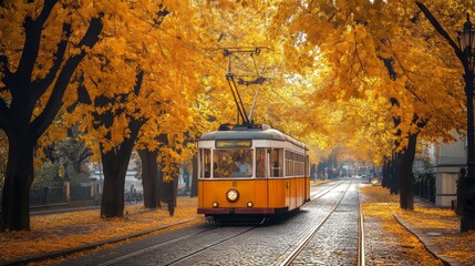 Obraz premium A nostalgic streetcar travels along a tramway beneath a canopy of vibrant yellow autumn foliage, creating a picturesque tree tunnel in Prague City.