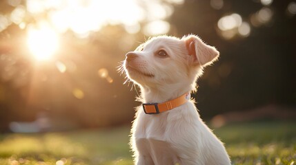 A cheerful puppy adorned with a vibrant collar lounges in a sunlit park, eagerly attracting the attention of future companions.