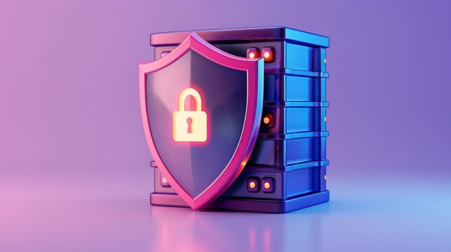 Creative digital illustration depicting a secure server with a padlock shield, symbolizing cybersecurity and data protection.