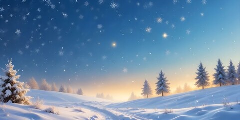 Snowy winter landscape with blurred golden lights and falling snowflakes against a blue sky.