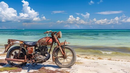 Fototapeta premium Solitary Serenity Vintage Motorcycle Rusting Away on White Sand Beach, Embracing Contrasts of Color and Mood