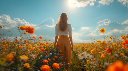 Fototapeta premium Woman Walking Through a Field of Wildflowers - Realistic Image
