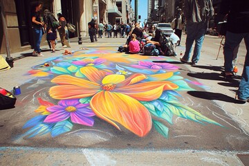 Obraz premium A sidewalk transforms into a vibrant canvas as a street artist captivates onlookers with vivid chalk creations.