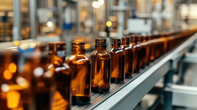 Amber bottles on a conveyor belt in an industrial facility, representing high-speed production and automation.