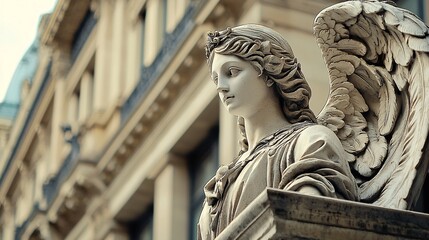 Fototapeta premium A beautifully detailed angel sculpture embodies grace and elegance, standing serenely in a tranquil cityscape.