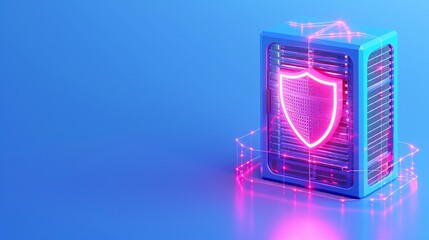 Fototapeta premium Digital security concept featuring a glowing shield icon on a blue background, symbolizing data protection and cybersecurity.