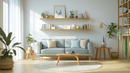 Mid-century modern living room with wooden floors, light blue sofa, shelves, white wall, and bright lighting