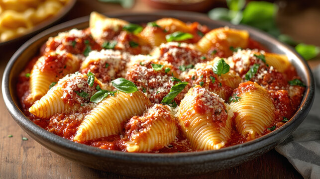 A plate of stuffed pasta shells with red sauce. AI generative