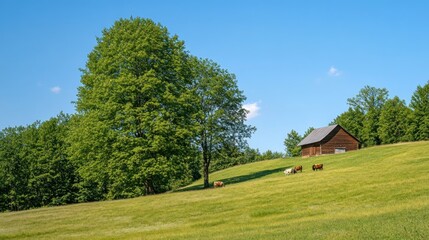 Obraz premium A serene countryside scene featuring a barn, trees, and grazing cows under a blue sky.