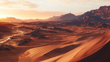 Fototapeta premium Golden rays illuminating expansive desert landscape at sunset with majestic mountains
