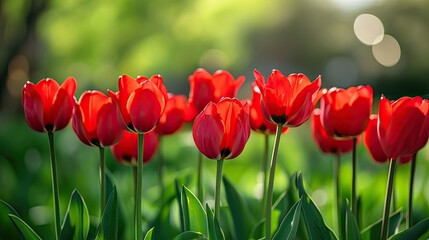 Fototapeta premium Field of red tulip flowers, their vibrant petals standing out against a lush green background