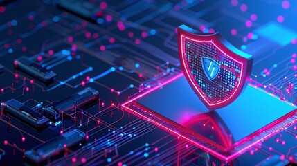 Digital security shield representing cybersecurity and data protection in a futuristic technology environment.