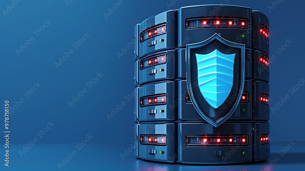 Poster digital server with a security shield, representing data protection and cybersecurity technology in 