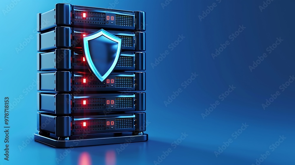 Poster digital server with a shield symbol, representing data security and protection in modern technology.