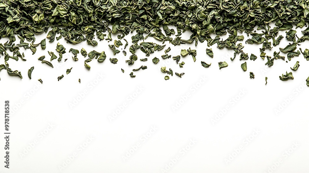 Poster border from dry green tea leaves isolated on white background : generative ai