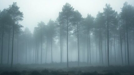 Fototapeta premium Fog-covered woodland with tall trees disappearing into the mist, creating a sense of solitude and mystery