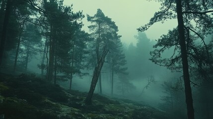 Obraz premium Fog-covered woodland scene, with tall trees shrouded in mist creating an atmospheric, moody landscape