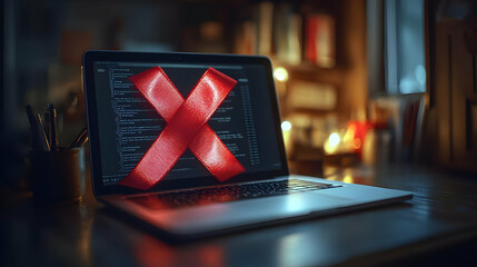 Laptop with Red Ribbon Illustration