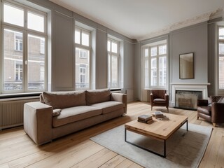 Modern Living Room with Tan Sofa, Wooden Coffee Table, and Large Windows