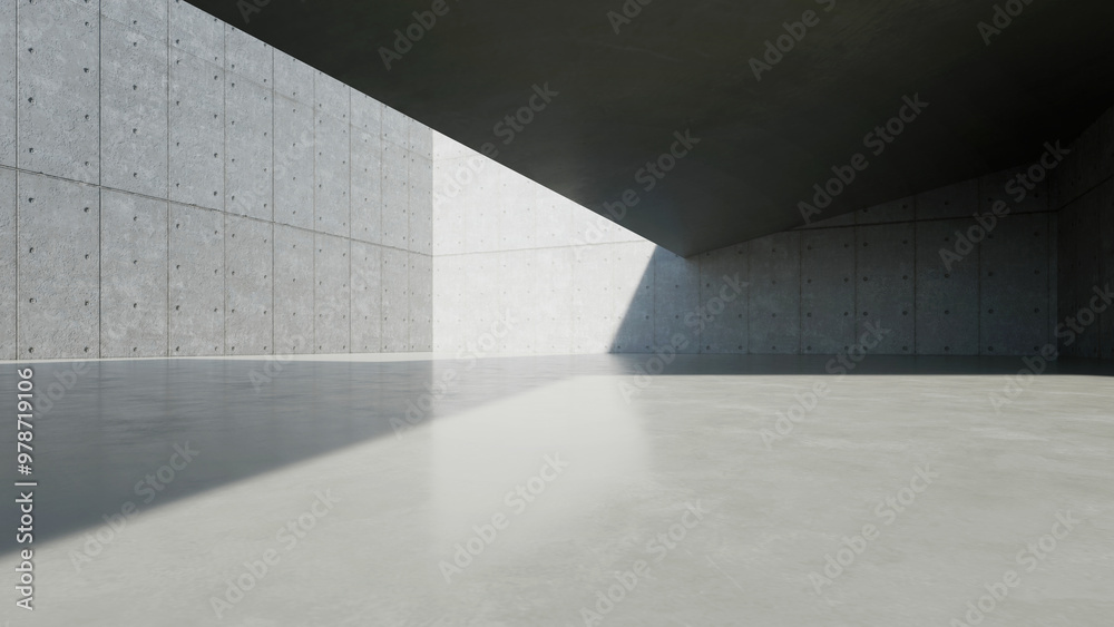 Fototapete 3d render of empty concrete interior space with sun light,  Abstract architecture with cement structure for car presentation