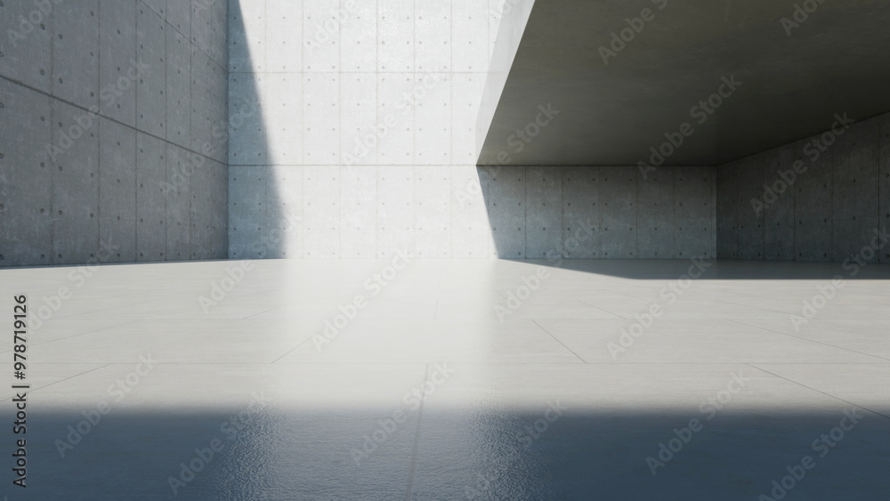 Aufkleber 3d render of empty concrete interior space with sun light,  Abstract architecture with cement structure for car presentation