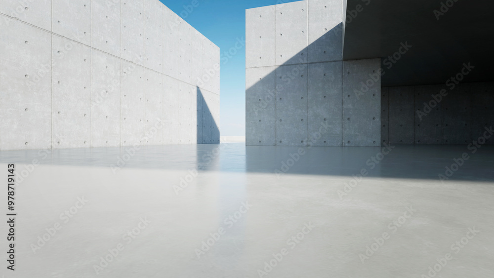 Fototapete 3d render of empty concrete interior space with sun light, abstract architecture with cement structu