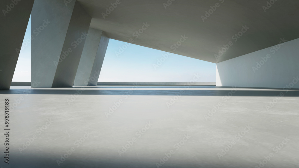 Fototapete 3d render of empty concrete interior space with sun light,  Abstract architecture with cement structure for car presentation