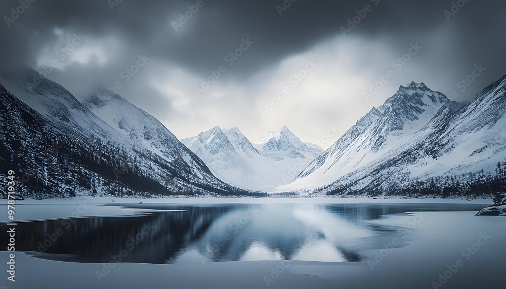 Wall mural a snowy mountain range with a lake surrounded by snow covered mountains in the foreground and a cloudy sky in the background, with a few clouds in the foreground. 