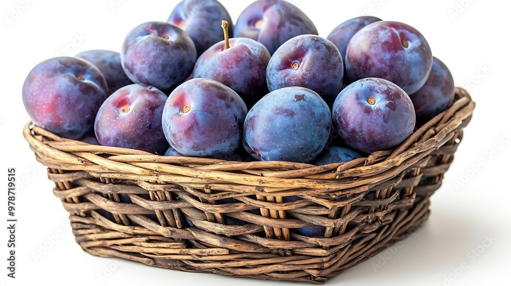 Poster fresh ripe delicious plums in a basket isolated on the white background : generative ai
